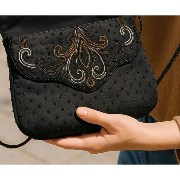 Vintage Black Silver Gold Beaded Elegant Clutch Purse Crossbody‎ Shoulder - Picture 2 of 10